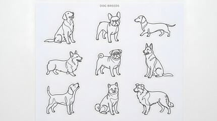 Fototapeta premium Dog Breeds Collection: A compilation of line art illustrations depicting various popular dog breeds in different poses, showcasing their unique characteristics.