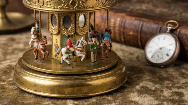 Retro vintage dolls in old movie style concept. A vintage carousel music box with intricate details and charm.