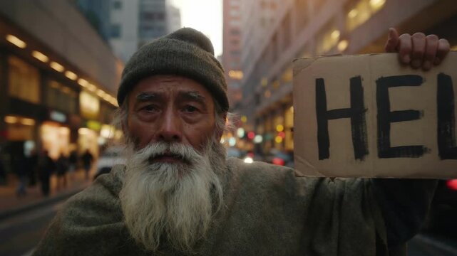 Elderly Man Holding a Sign That Says Help in an Urban Street Setting Cinematic Portrait