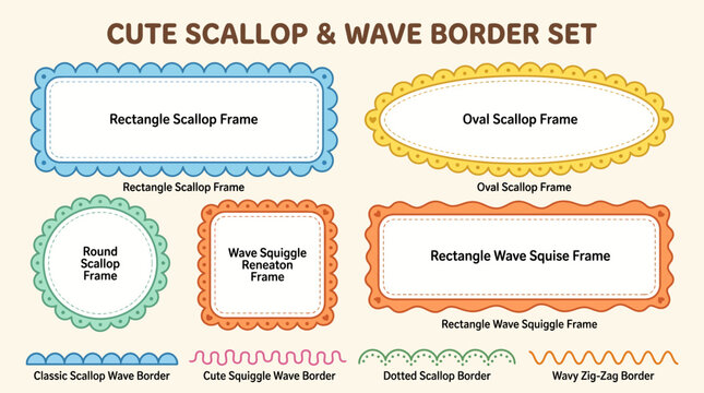 Scalloped Border Vector Set with Cute Wave Frames and Squiggle Lines for Graphic Design and Stationery
