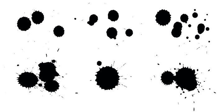 Ink drops and splashes. Blotter spots, liquid paint drip drop splash and ink splatter. Artistic dirty grunge abstract spot  set. Illustration monochrome drip splash, splat messy inkblot