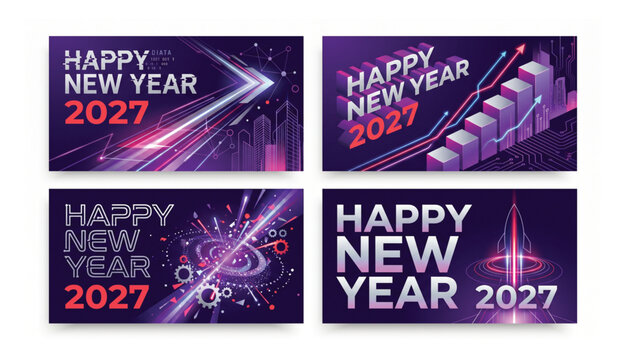 Four 2027 happy new year corporate growth concept graphics featuring isometric data charts and space rocket launch illustrations corporate isometric business marketing technology abstract
