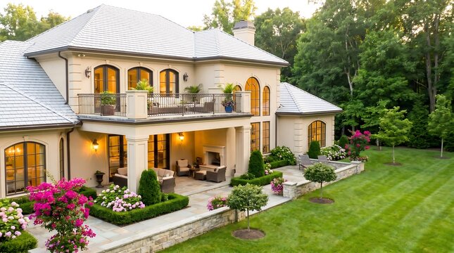 Stunning luxury home exterior with covered patio and beautiful landscaped garden at sunset
