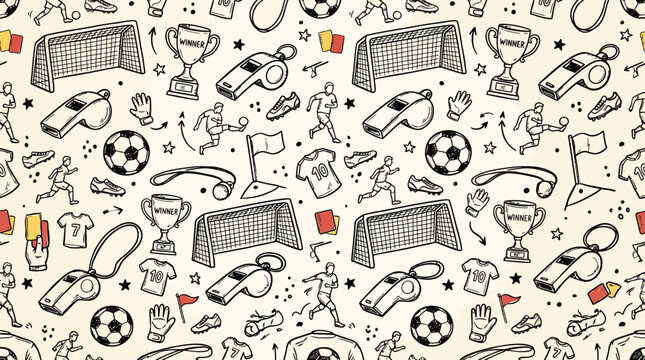 Soccer Football Doodle Seamless Pattern Background, Hand-Drawn Sports Icons of Trophy Whistle Ball and Goal