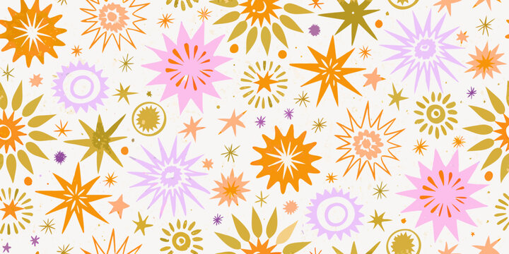 Retro style firework pattern with orange pink and yellow floral ornaments