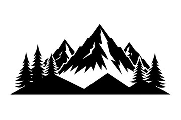 Obraz premium Majestic black mountain range vector illustration, a striking silhouette of towering peaks and evergreen pine trees, ideal for outdoor adventure branding, nature logos, and wilderness designs.