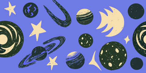 Planets And Stars Vector Illustration With Textured Surfaces © Sujal