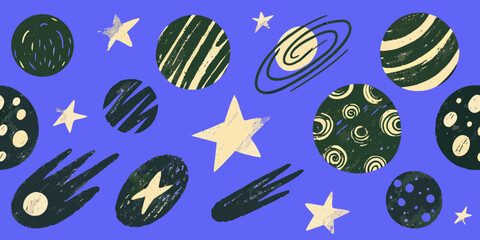 Space Planets And Comets Textured Vector Illustration On Blue © Sujal