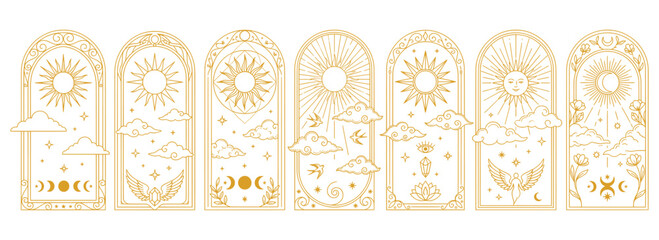 Celestial sun moon phases and clouds in ornate arched frames with astrological symbols for esoteric concepts © Angel