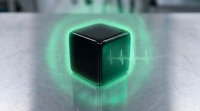A glowing green cube sits on a metallic surface with a dark obsidian appearance.
