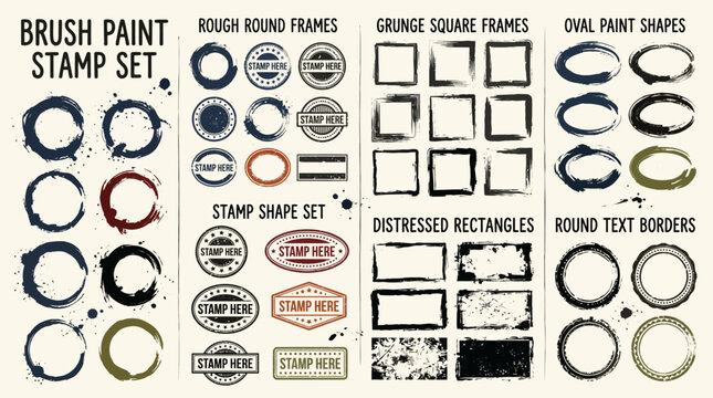 Grunge Paint Stamp Set, Distressed Brush Frames, Vintage Rubber Stamp Borders, Round Square Oval Shapes Toolkit