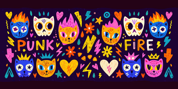 Punk doodle collection with skulls hearts and lightning bolts on dark background