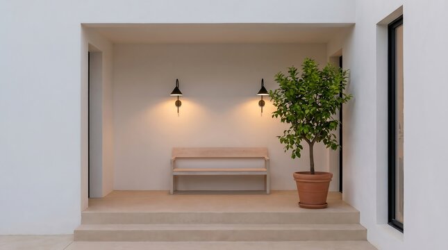 Minimalist outdoor alcove with wooden bench, warm wall lamps, and a potted green tree in terracotta pot