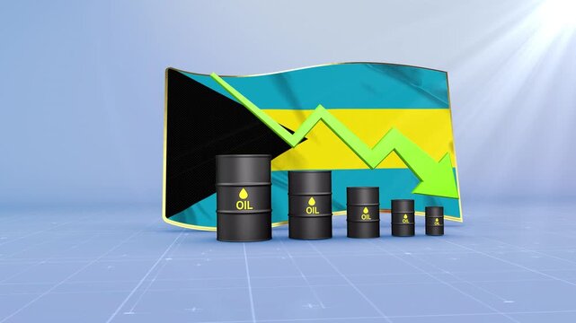 Bahamas Crude Oil Price Drop with Oil Barrels Downward Green Arrow and 3D Financial Data Visualization Graphs for Economy and Business Concept
