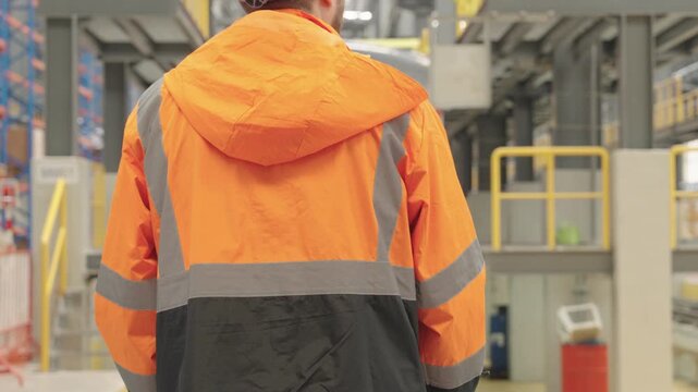 Orange gray waterproof jacket provides essential protection for warehouse workers during industrial operations and safety procedures within large storage facility environment.
