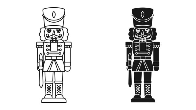 Nutcracker Icon Set: A graphic set featuring two nutcracker soldier illustrations, one in black and white outline and the other in solid black silhouette, representing a classic holiday motif.
