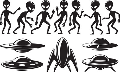 Aliens dancing with flying saucers illustration © Soriyea