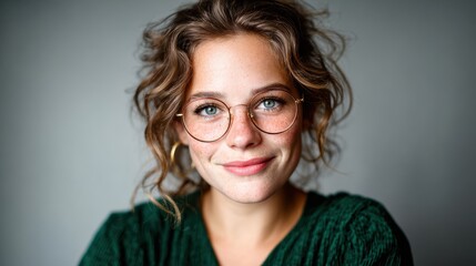 Fototapeta premium A charming portrait featuring a young woman with curly hair and glasses, radiating warmth and friendliness, perfect for lifestyle and beauty themes in photography.