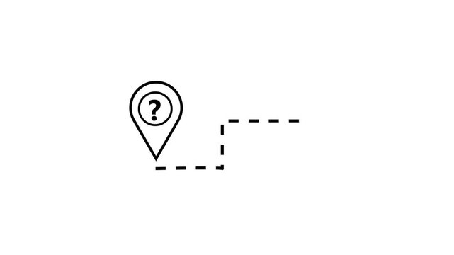 Animated path line connecting question mark pin icon to dollar sign currency marker.