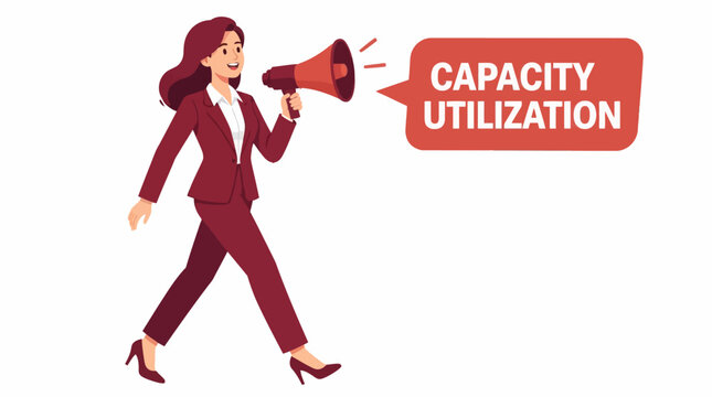 Businesswoman using megaphone for capacity utilization announcement.