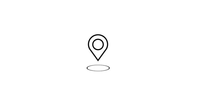 Black outline location pin icon jumping on white background with shadow motion.