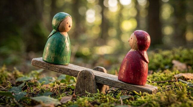 Macro photo of two stylized wooden peg dolls balancing on a wooden seesaw featuring striking emerald green and ruby paint finishes.