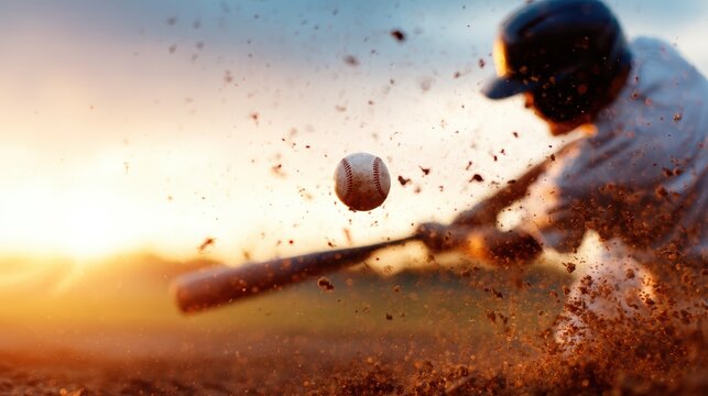 An action-packed image featuring a baseball player swinging a bat, capturing the intensity and excitement of the game with dust flying, highlighting athleticism and passion.