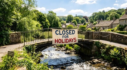 Closed for holidays sign hand written on bridge over stream with holidays vacation landscape information outdoors sunlight destination seasonal peaceful