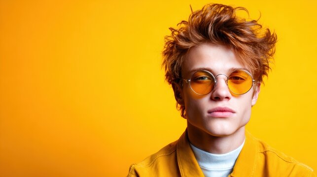 A fashion-forward young man poses confidently in round sunglasses and a yellow jacket against a vibrant orange background, showcasing contemporary style.