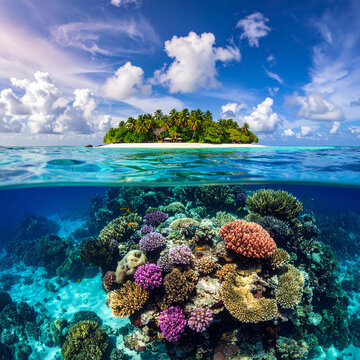 Split view of tropical island paradise and colorful coral reef