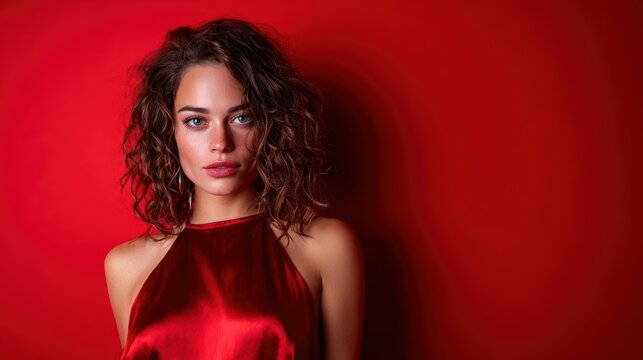 A captivating portrait of a beautiful woman wearing a silky red dress, set against a vibrant red backdrop, exuding confidence and allure with her expressive gaze.