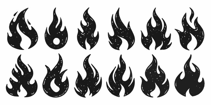 Stylized Fire Flame Icons Collection Black Silhouettes On White Background
