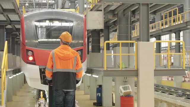 Serious worker inspects massive white train at Train Depot within busy maintenance facility, wearing an orange safety jacket and hard hat-focused engineering detail captured during this impressive tra