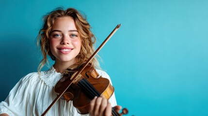 Fototapeta premium A joyful young girl with curly hair smiles while playing a violin, against a bright turquoise backdrop, embodying music, childhood joy, and artistic expression.
