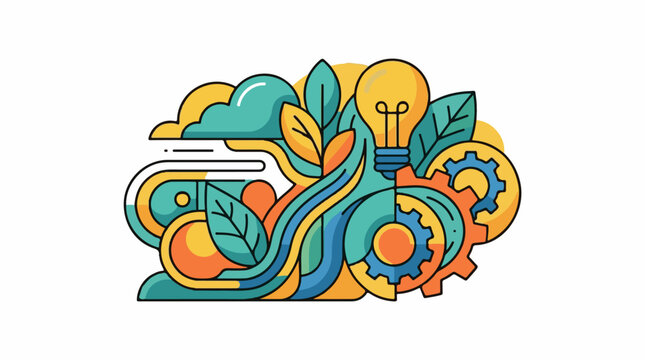 A stylized illustration of a lightbulb surrounded by leaves, gears, and abstract shapes