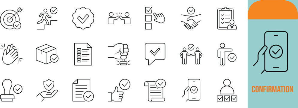 Business confirmation checkmark vector icons. checklist icon set, handshake icon set, stamp icon set