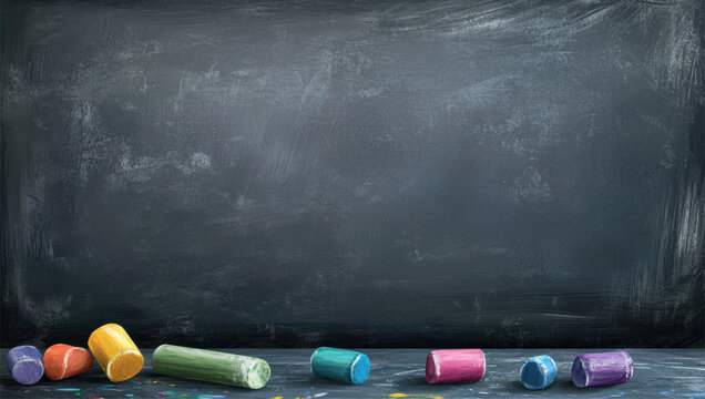 Empty Blackboard Background with Colorful Chalks for Back to School and Education Banner Design
