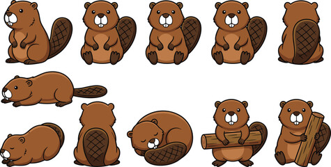 Fototapeta premium Cute Cartoon Beaver Character Vector Illustration Set with Various Poses Activities and Views Including Sleeping and Holding Log for Kids Design Stickers