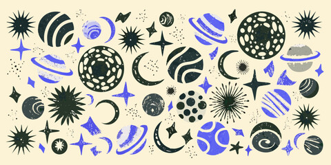 Retro Space Pattern With Planets Stars And Crescent Moons In Blue Tones © Dipa
