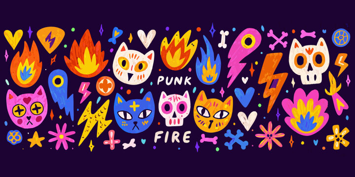 Punk And Fire Doodles A Colorful Vector Illustration On Dark Background
