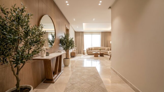 Modern luxury hallway interior with wooden wall paneling, marble flooring, and a console table with a round mirror