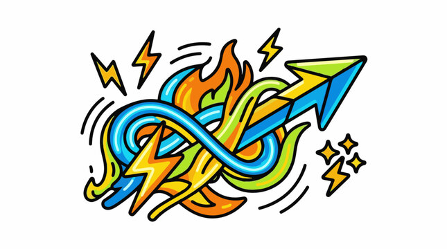 A colorful illustration of a stylized arrow with flames and lightning bolts