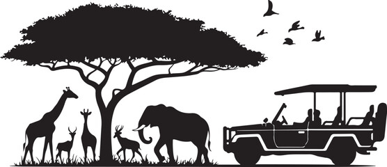 Safari vehicle with tourists observing wild animals © Soriyea