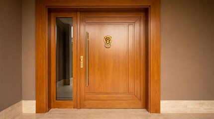 Fototapeta premium Modern wooden front door with a gold lion head door knocker and a long vertical handle