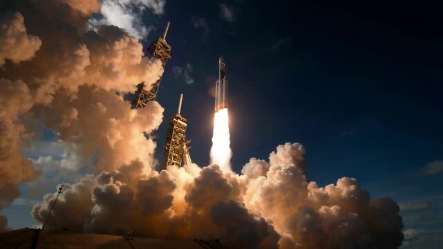 Powerful Rocket Launch Blasting Through Dramatic Clouds at Night for Technology and Innovation Concept