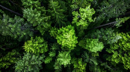 Fototapeta premium Vibrant lush evergreen trees fill a dense forest canopy seen from a high aerial perspective during a bright sunny day