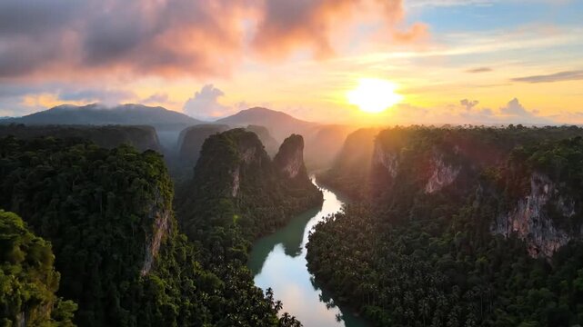 Aerial sunset over winding river and tropical limestone cliffs.