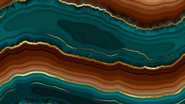Abstract flowing digital art background in teal, brown, and gold, mimicking polished agate stone patterns for elegant and luxurious design aesthetics