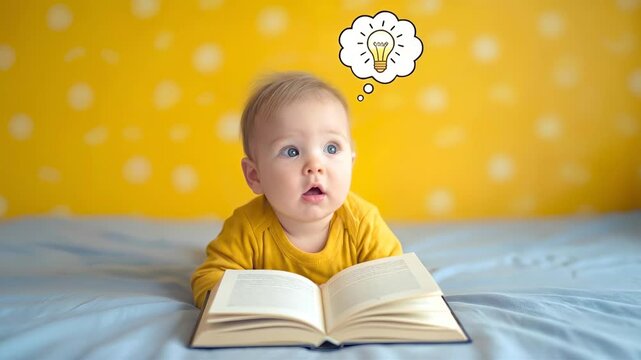 Infant lying on bed with open book and lightbulb thought bubble. Creative concept for early childhood development and intelligence. Lockdown medium shot.