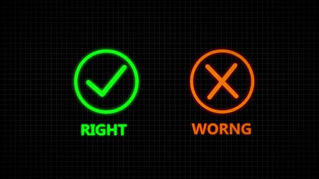 Green RIGHT checkmark and golden WRONG cross symbols on a dark grid background. motion graphic of right and wrong checkmark concept. 